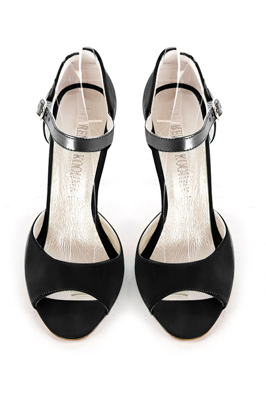 Matt black and dark silver women's closed back sandals, with an instep strap. Round toe. High spool heels. Top view - Florence KOOIJMAN